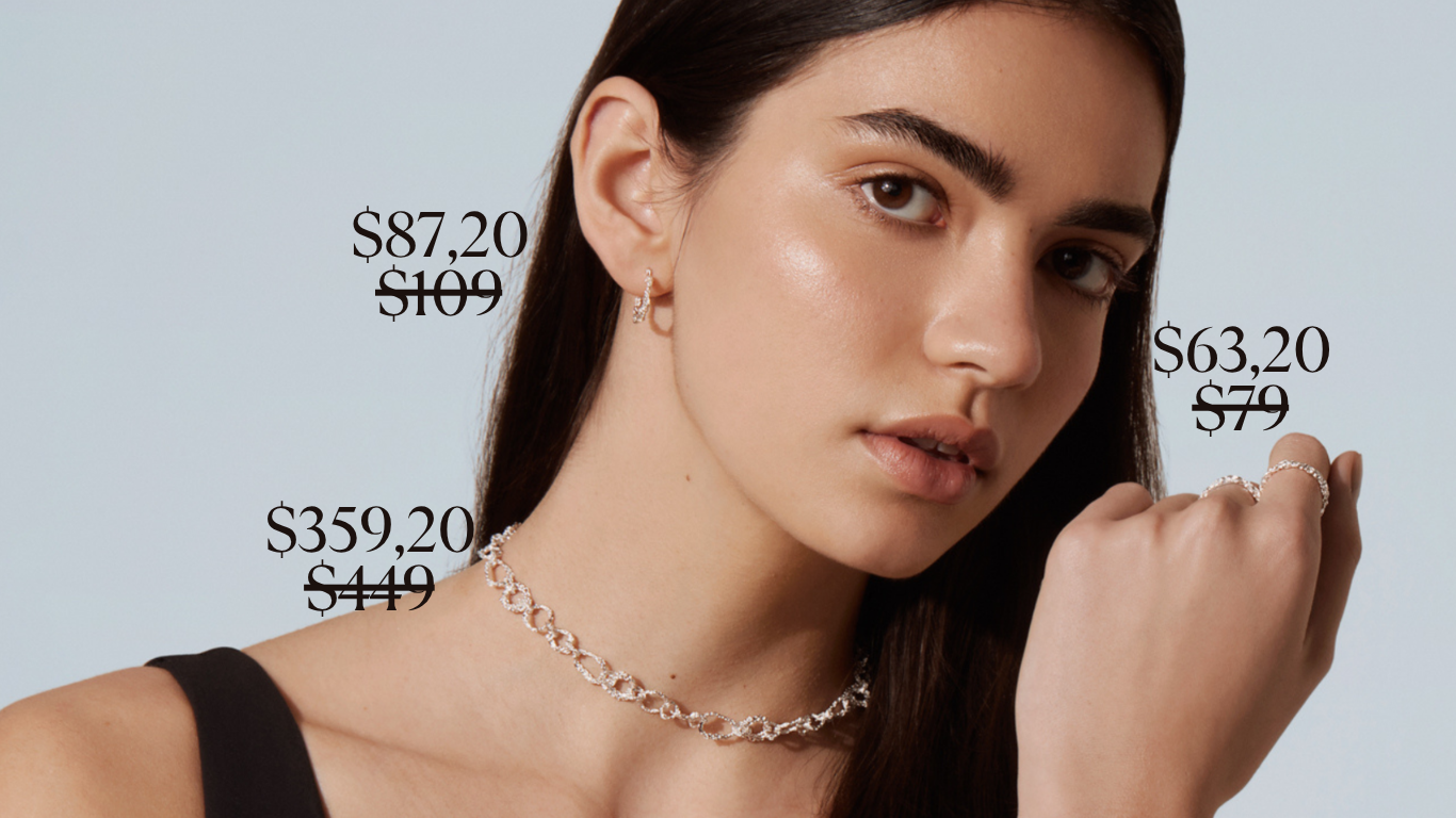 Woman wearing a necklace a ring and earrings in silver