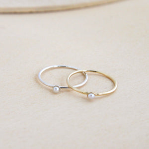 White Pearl Solitaire Thin Band Ring - 14k Gold