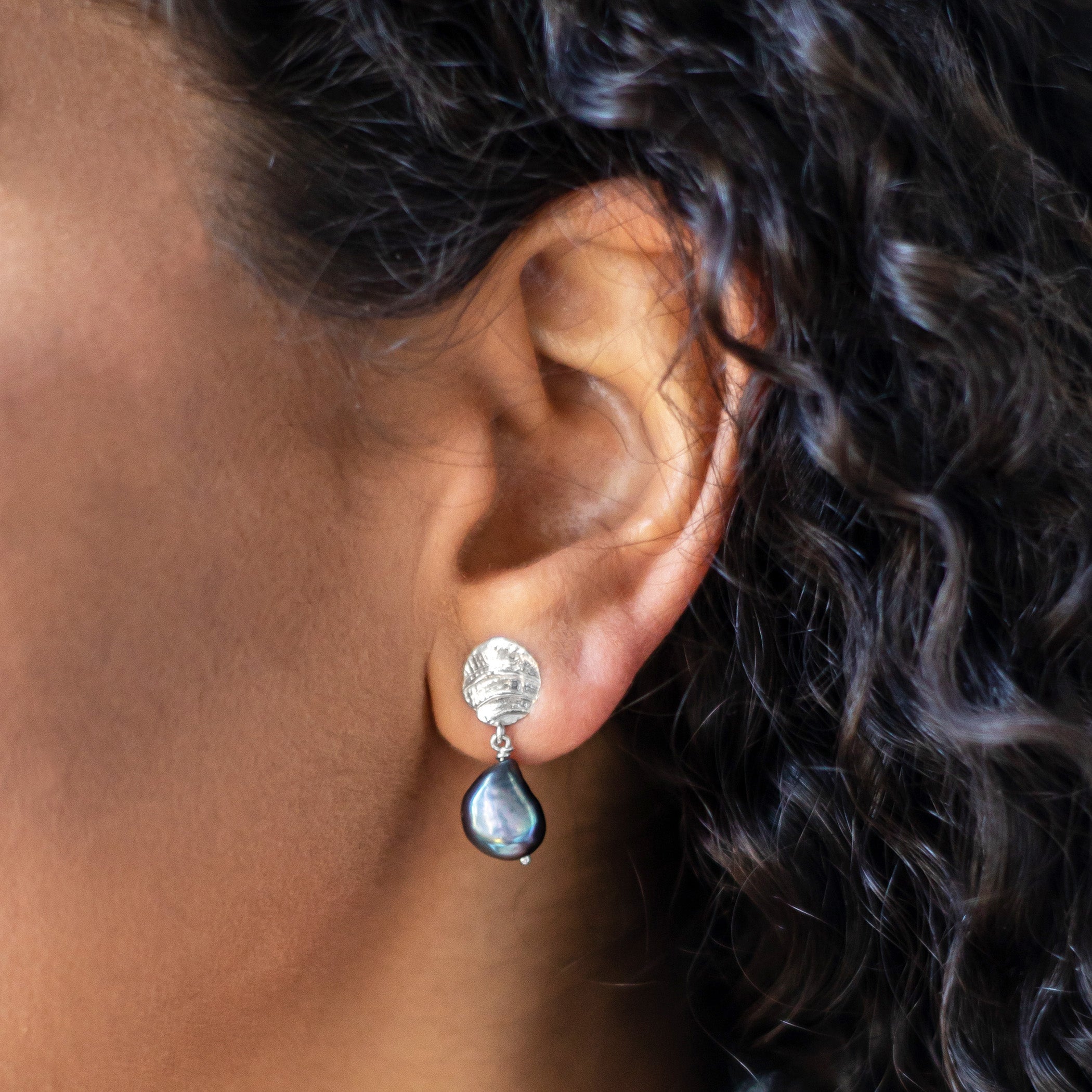Fossil Drop Earrings with Baroque Pearl - Black - Sterling Silver or 14k Gold - Camillette