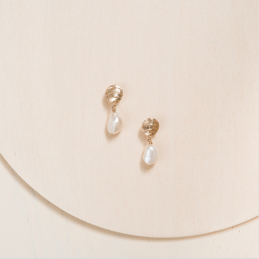 Fossil Drop Earrings with Baroque Pearl - Ivory - Sterling Silver or 14k Gold - Camillette