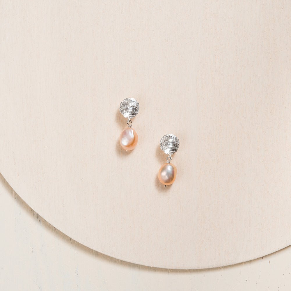 Fossil Drop Earrings with Baroque Pearl - Peach - Sterling Silver or 14k Gold - Camillette